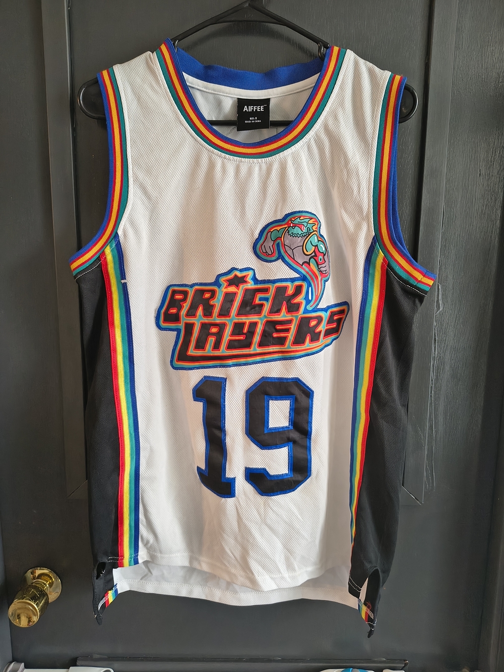 Aiffee Brick Layers #19 White Basketball Jersey with Rainbow Trim